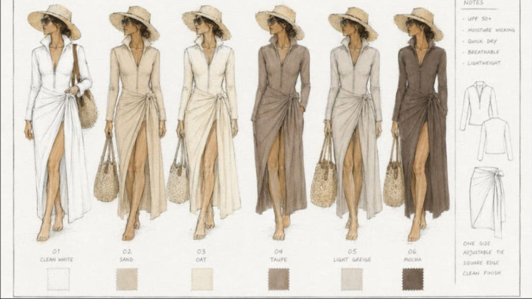 A fashion color and material reference chart showing six illustrated women wearing wrap-style maxi dresses in different shades